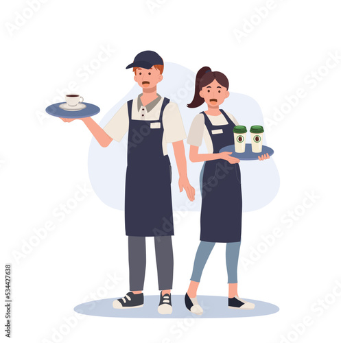 Full length of Waiter and waitress holding a tray with coffee. Vector illustration.