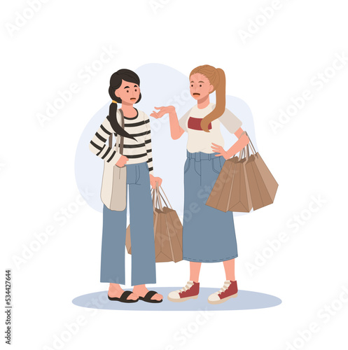 Women talking. Two women friends with shopping bags in hands are speaking. Vector illustration.