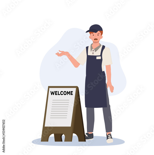 happy man waiter with welcome wood sign. Waiter is invite customer. Vector illustration