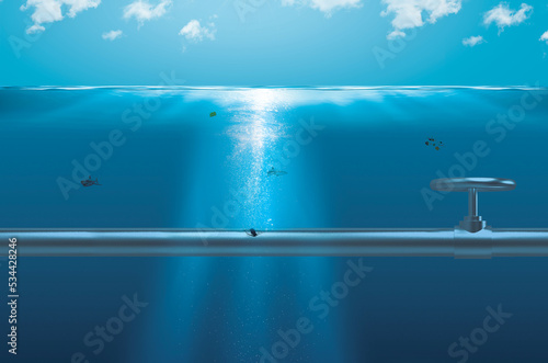 Nord stream 2 gas pipe leakage under water 3D background
 photo