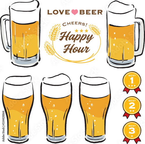 手描きのビールジョッキ・グラスビール・ロゴマークのイラストセット　4C