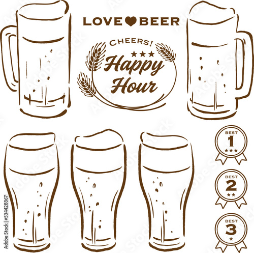 手描きのビールジョッキ・グラスビール・ロゴマークのイラストセット　線画