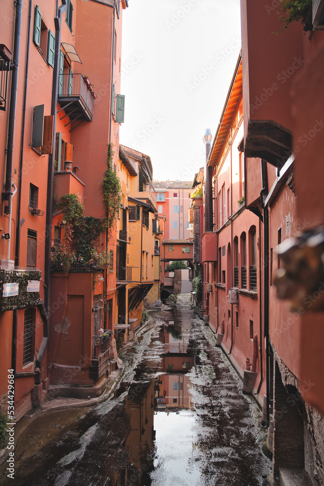 Canal of Reno in Piella street in Bologna, Italy.