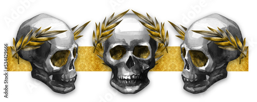 Stylish poster of a skull of a ruler with a laurel crown. Interior painting with gold. Watercolor drawing on a white background.