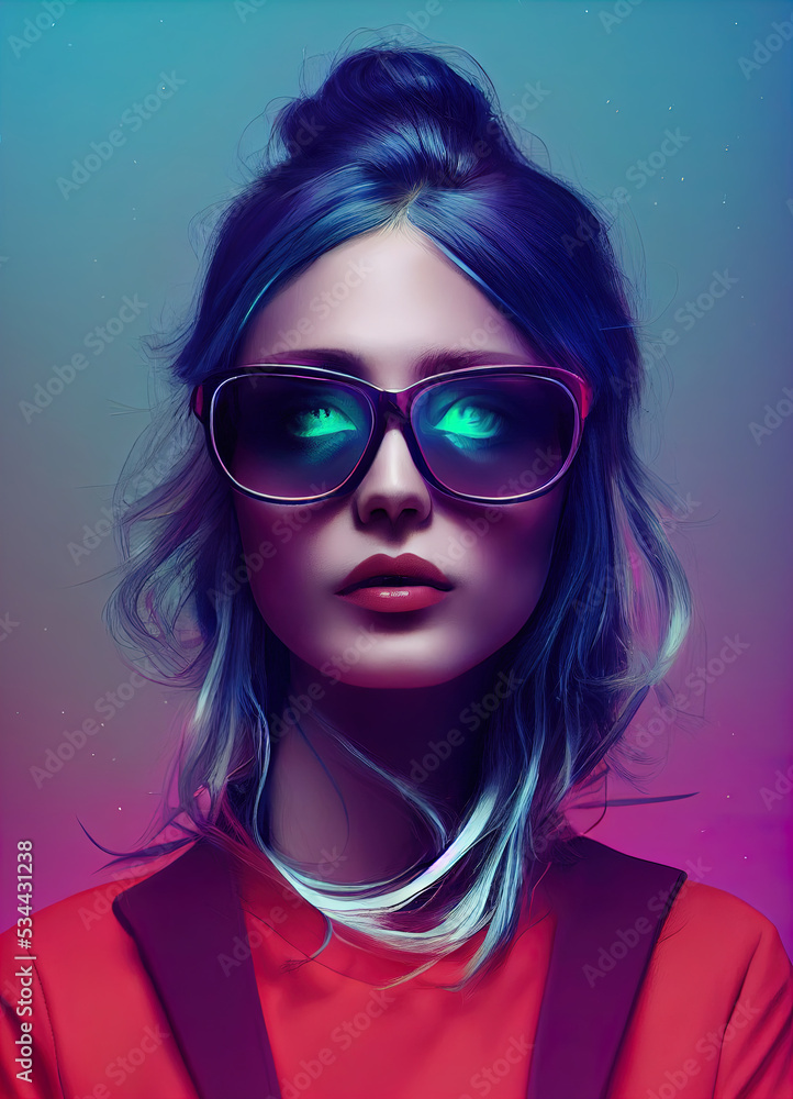 Portrait of a young woman with futuristic sunglasses, digital illustration