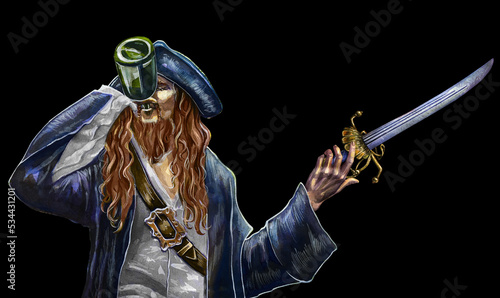 Drawing of a red-haired drunken pirate with a bottle of rum in his hands and a sword. Red beard. Sea adventures. Watercolor drawing isolated on black background.
