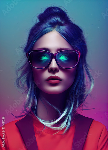 Portrait of a young woman with futuristic sunglasses, digital illustration