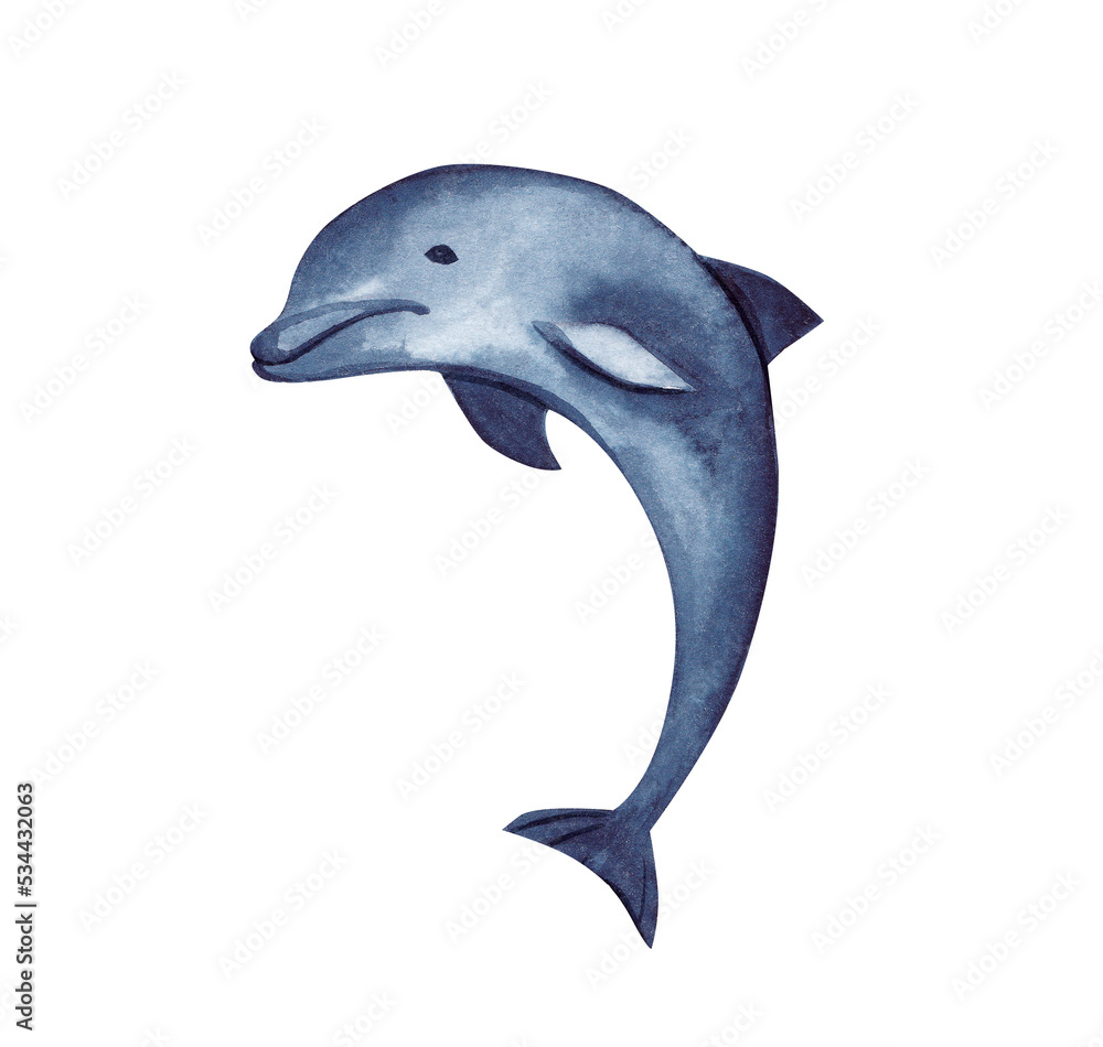 Fototapeta premium Watercolor illustration with an indigo dolphin on a transparent background. Underwater world.