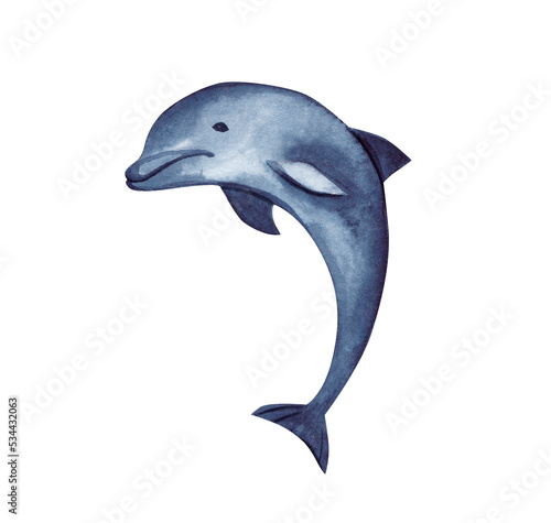 Watercolor illustration with an indigo dolphin on a transparent background. Underwater world.