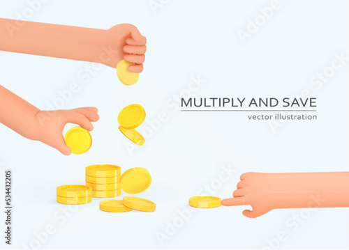 3d hand give gold money or hand take money emoji. Saving, Loan, exchange, payout business concept. Banking icon. Financial services layout. Realistic 3d cartoon design