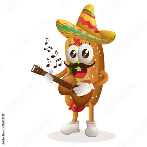 Cute hotdog mascot wearing mexican hat with playing guitar