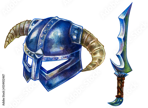 Foto Hand Painted Watercolor Fantasy Warrior Helmet and Curved Sword, Traditional Med
