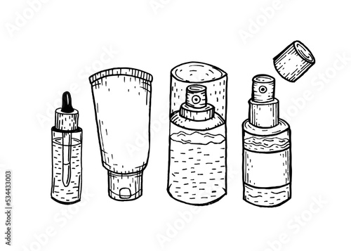 A set of bottles and packages for cosmetics. Serum, cream, lotion, spray, pipette. Apply to the face