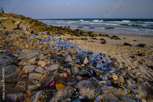 Plastic waste at Atlantic ocean coast in Ghana