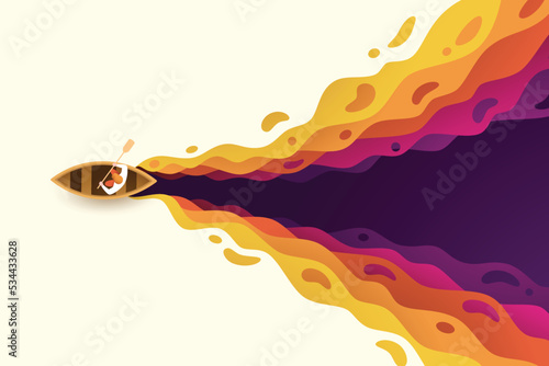 A wooden boat cuts through the water