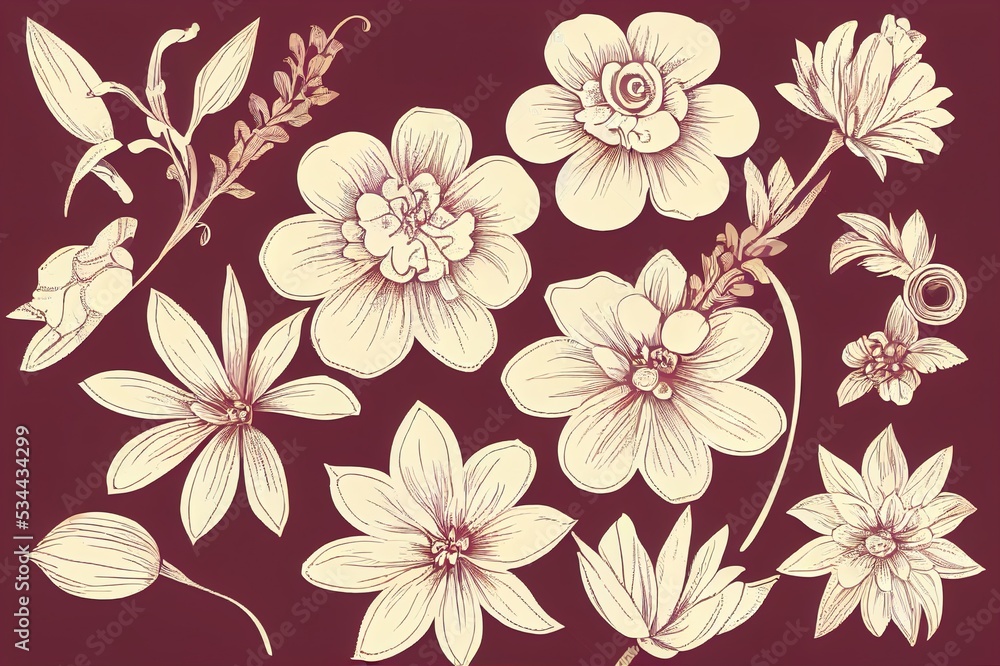 Fototapeta premium Floral vintage elements. Enchanted Vintage Flowers. Arts and Crafts movement inspired. High quality illustration