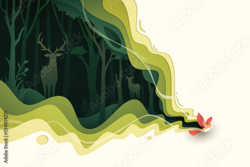 Flying bird in natural forest layered shape wavy background in paper cut style