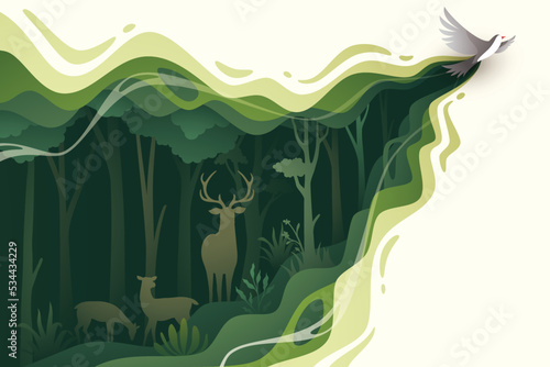 Flying bird in natural forest layered shape wavy background in paper cut style