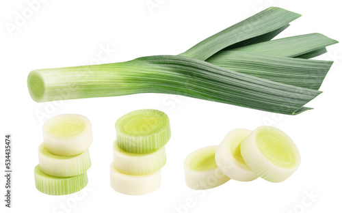 leek pieces isolated on white background. the entire image in sharpness. photo