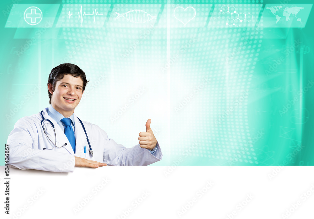 Doctor with banner Doctor with banner