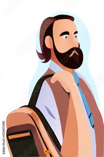 Bearded man in vest and tie carries backpack.  Surprised or scared look.  Vector illustration in low poly style.