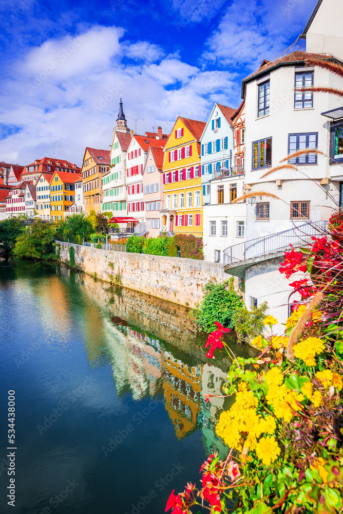 Tubingen, Germany. Colorful old town, autumn landscape river Neckar.
