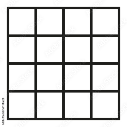 Black outlined square divided in sixteen parts, into sixteenths. 4x4 grid. Isolated png illustration, transparent background. Asset for overlay, montage, collage, presentation. Business concept. 