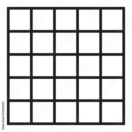 Black outlined square divided in twenty five, 25, parts. 5x5 grid. Isolated png illustration, transparent background. Asset for overlay, montage, collage, presentation. Business concept. 