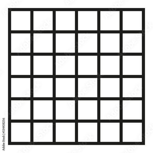Black outlined square divided in thirty six, 36, parts. 6x6 grid. Isolated png illustration, transparent background. Asset for overlay, montage, collage, presentation. Business concept. 