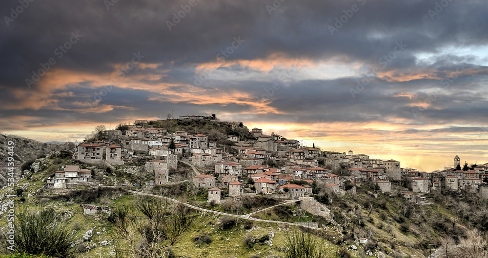 Panoramic view of a beautiful mountain village named Dimitsana at sunset.  Peloponesse, Greece.