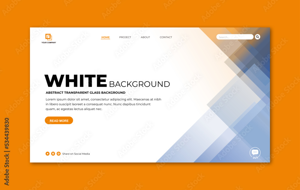 Landing page template with transparent glass in blue and orange triangle geometric shape on white background for website home page Landing page template with transparent glass in blue and orange triangle geometric shape on white background for website home page