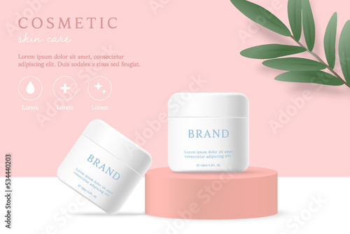 Cosmetics and skin care product ads template on pink background with leaves.