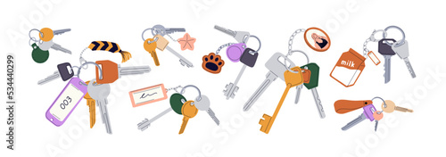 Door keys on rings with keychains, tags, fobs for locking house. Different trinkets, pendants hanging on keyrings, holders set. Colored flat graphic vector illustration isolated on white background