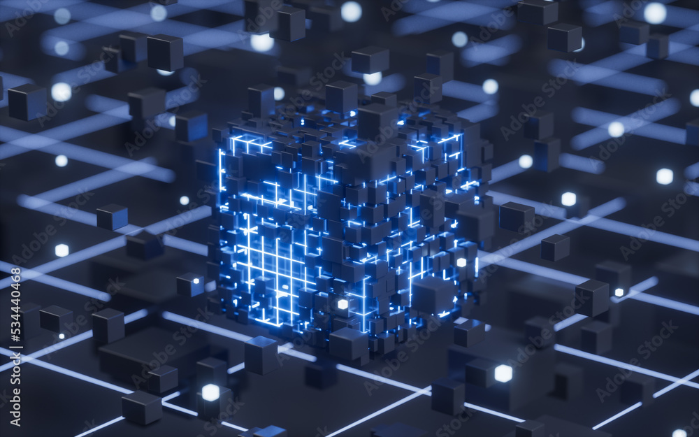 Obraz premium Abstract glowing cubes and lines, circuits and materials, 3d rendering.