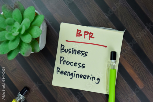 Concept of BPR - Business Process Reengineering write on sticky notes isolated on Wooden Table.