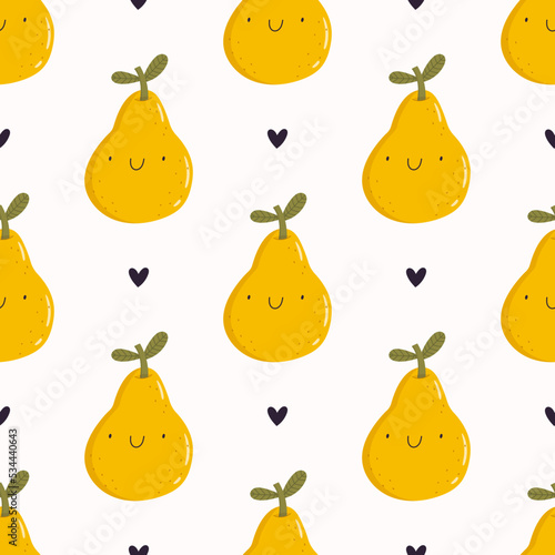 Cartoon kawaii pears and tiny hearts. Vector seamless pattern. Fruit background.