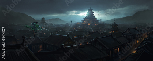 Fotografie, Obraz Swordsman in the ancient oriental city, 3D illustration.