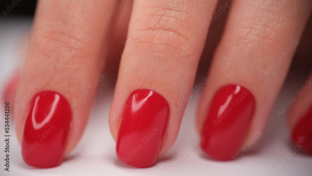 Hand with red classic manicure on nails Hand with red classic manicure on nails