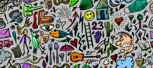 Colorful doodle background seamless pattern for fabric, wrapping paper, wallpaper design.