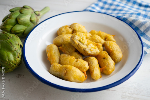 Breaded artichokes cover. Typical Spanish vegan tapas.