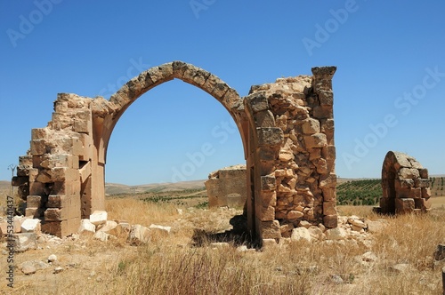 Necm Castle is located on the bank of the Euphrates River. The castle was built in the 100th year before Christ. Historical building ruins near the castle. Manbij, Syria.