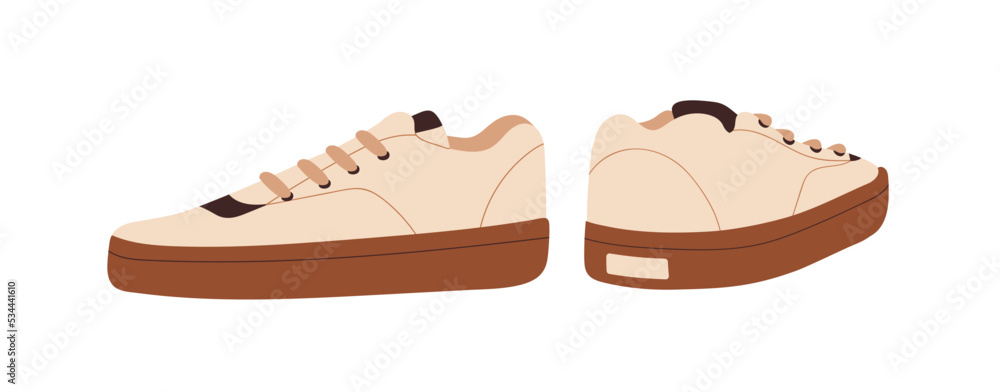 Casual sport shoes, women sneakers. Modern fashion comfortable footwear. Trendy girls gumshoes, stylish laced low-top footgear pair. Flat vector illustration isolated on white background