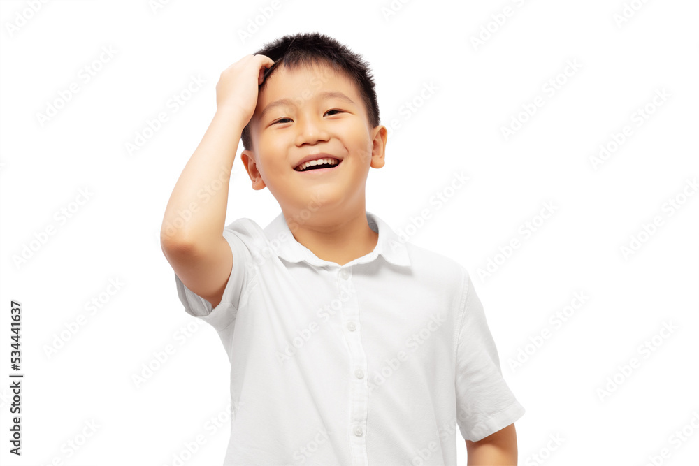 Confused kid laughing with hand scratching head Confused kid laughing with hand scratching head