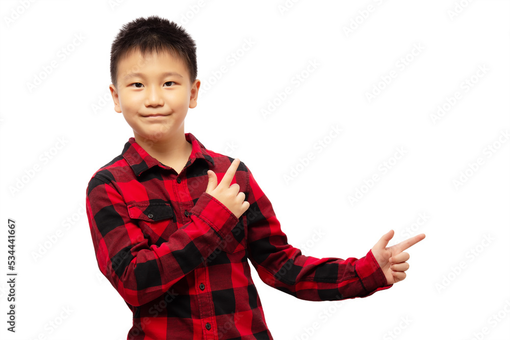 Kid with fingers presenting and pointing to the right, wearing red shirt Kid with fingers presenting and pointing to the right, wearing red shirt