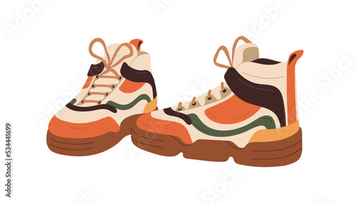 Fashion sport shoes pair. Casual sneakers model. Comfy foot wear. Comfortable multi color footwear, stylish laced ankle-length trainers. Flat vector illustration isolated on white background