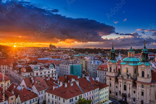 Sunset above the city center of Prague, Czech Republic 