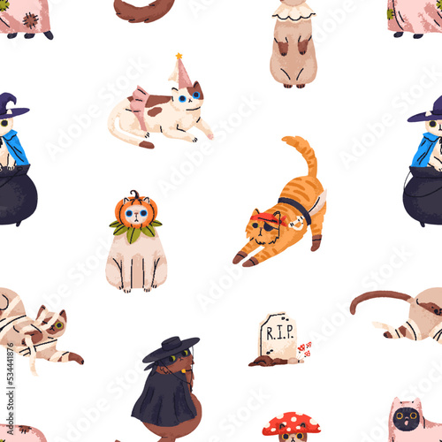 Seamless Halloween pattern with cute cats. Endless background with funny kitties in Helloween costumes repeating print. Pets feline holiday texture design. Colored flat vector illustration for decor