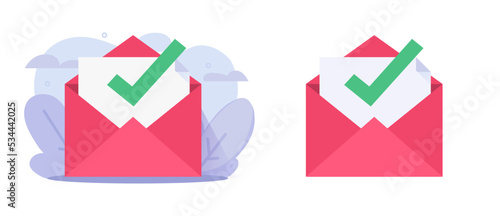 Check verify and valid email message icon vector or passed confirmation tick mark mail letter flat graphic illustration, correct vote answer or finished completed updated sms in envelope clip art