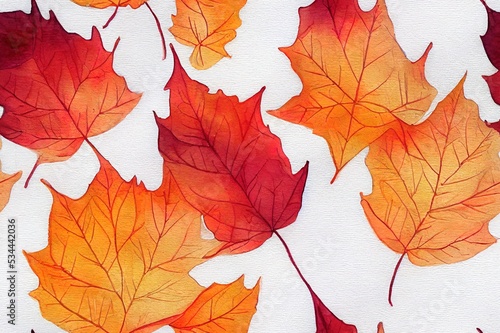 Watercolor pattern with bright autumn leaves isolated on white background.