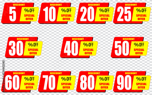 5, 10, 20, 25, 30, 40, 50, 60, 70, 80, 90 percentage off, Discount stickers set for shop, retail, promotion